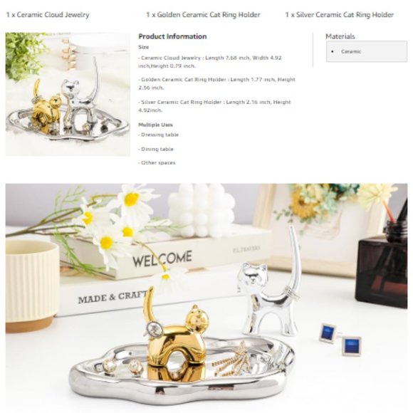 Ceramic Jewelry Cloud-Shaped Tray & 2 Removable Cat Ring Holder Set - Picture 8 of 9